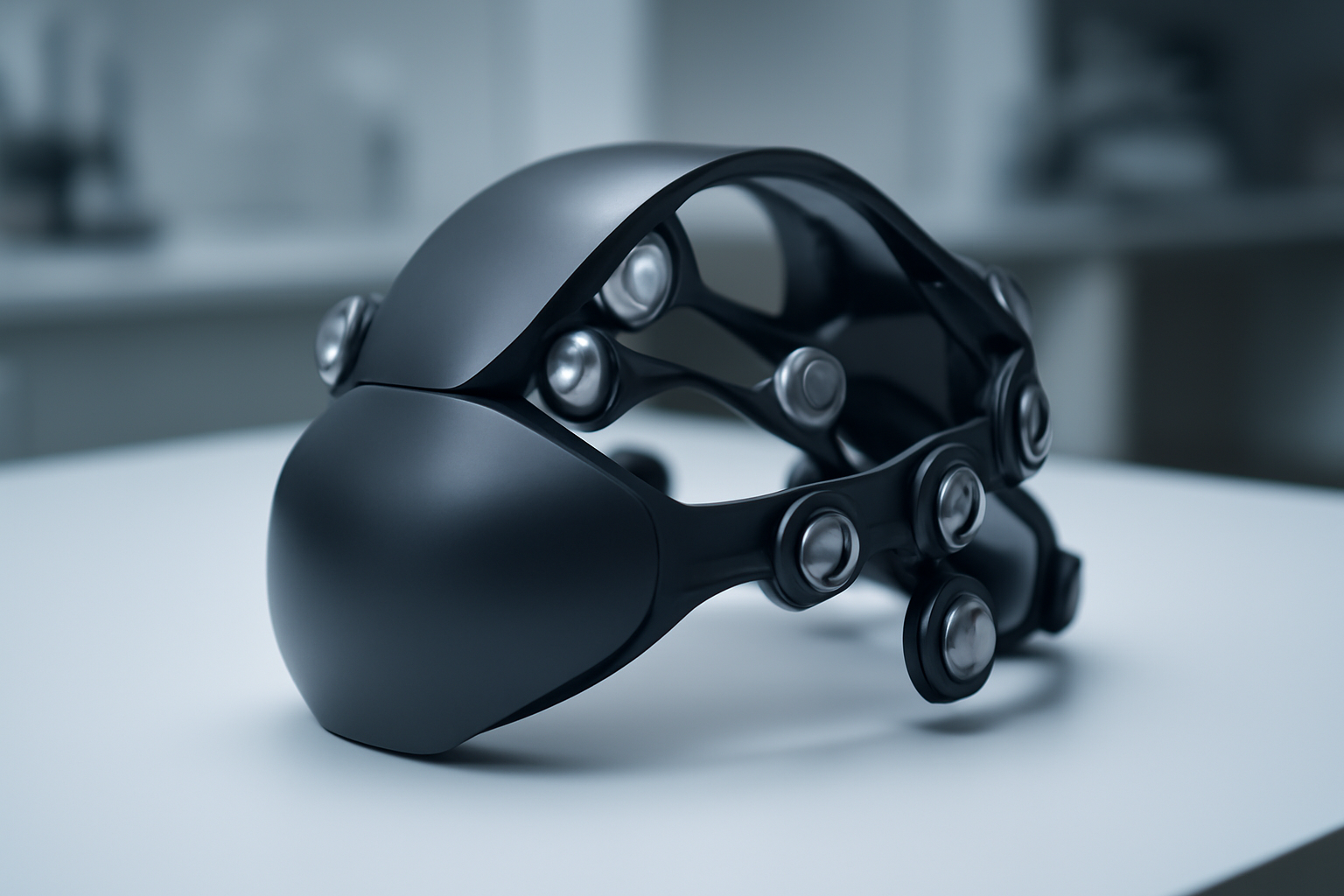 Close-up of a brain-computer interface headset with electrode sensors on a neutral background