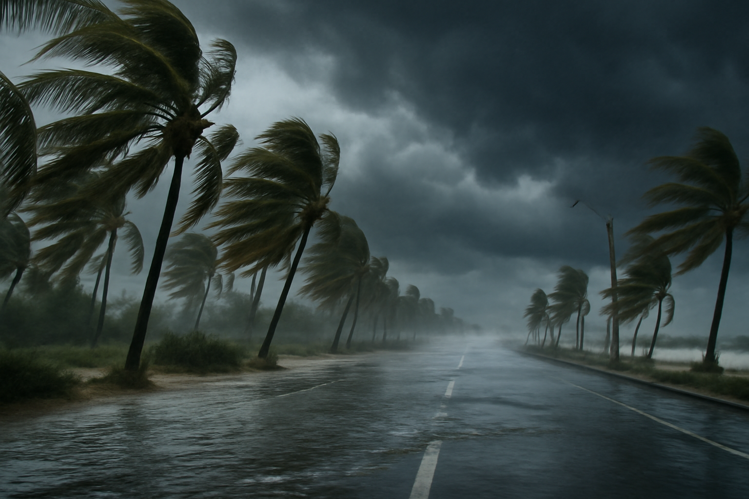 Waves and rain lash a Pacific coastal road in Mexico as storm clouds gather offshore