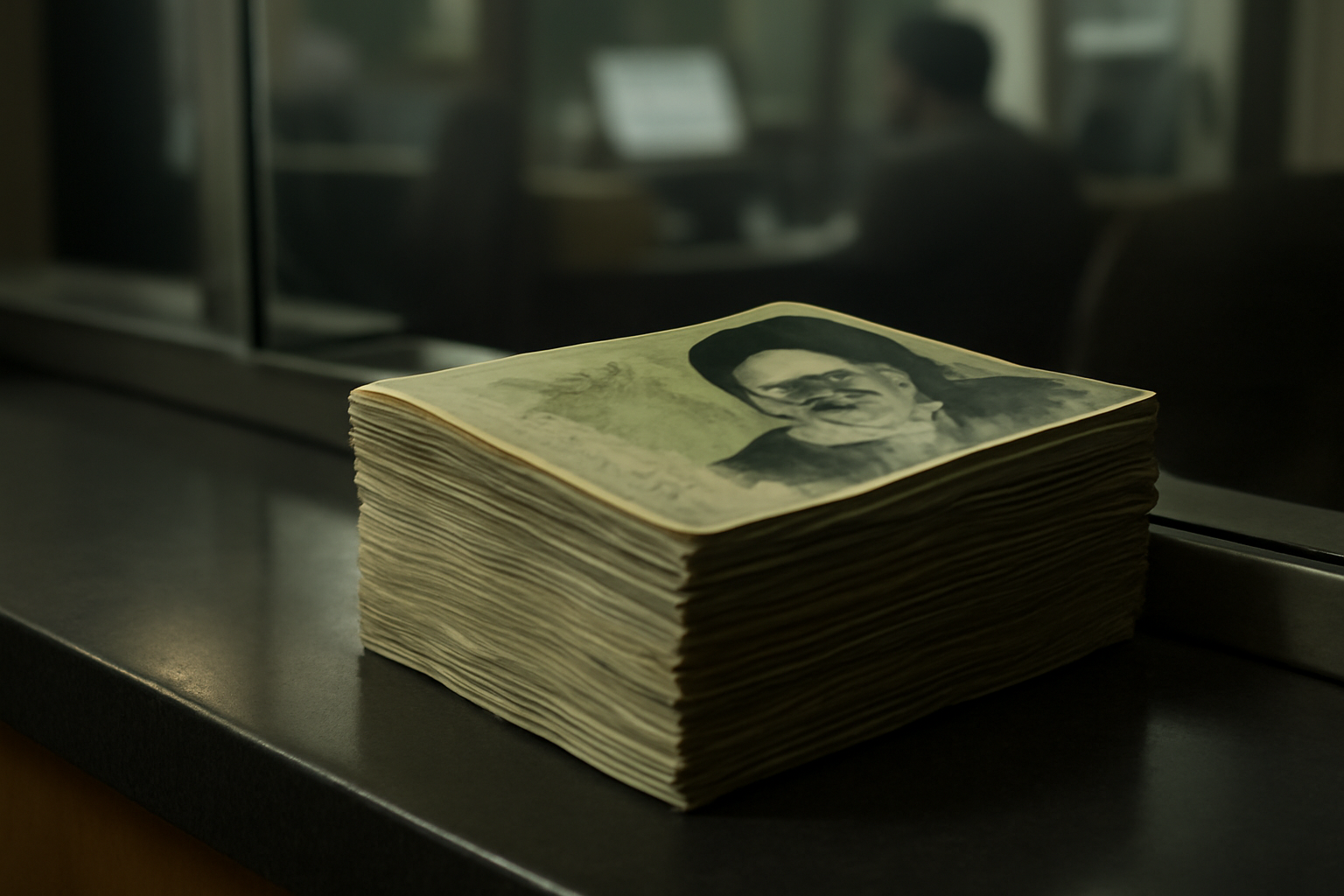 Iranian rial banknotes stacked near a currency exchange counter