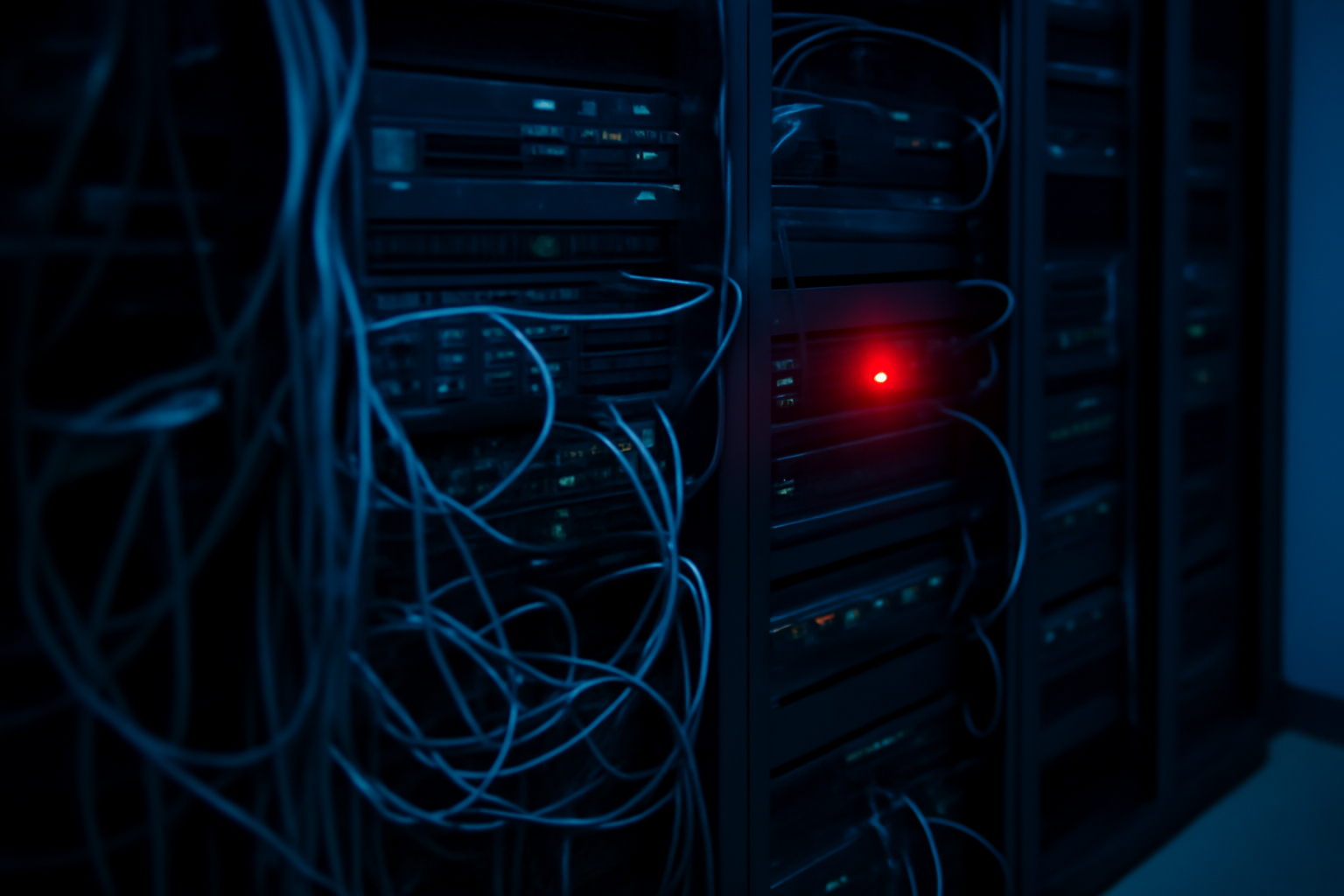 Server racks in a dark data center with a red warning light glowing near network cables
