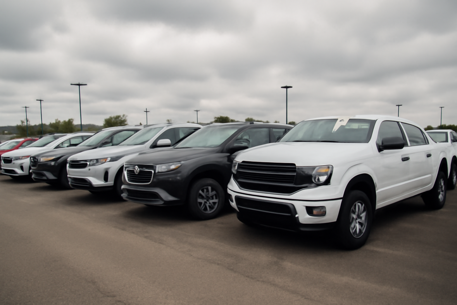 Row of new sedans and pickup trucks parked at a dealership lot under overcast sky