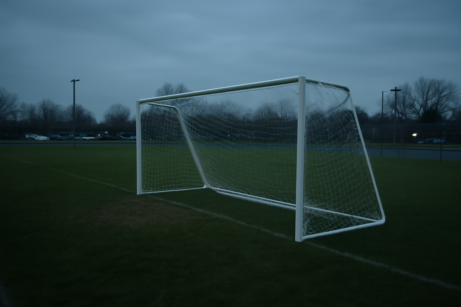 Empty soccer field with a chain-link fence and goal post under an overcast Kansas sky