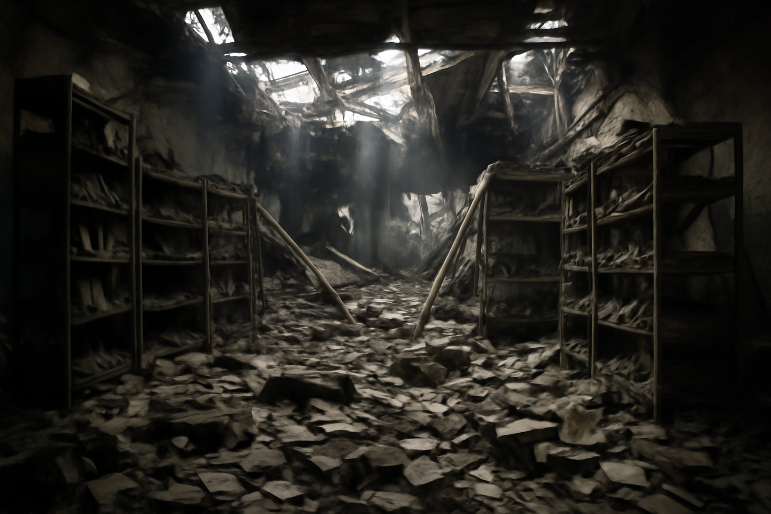 Rows of damaged books scattered among broken shelving inside a bombed warehouse