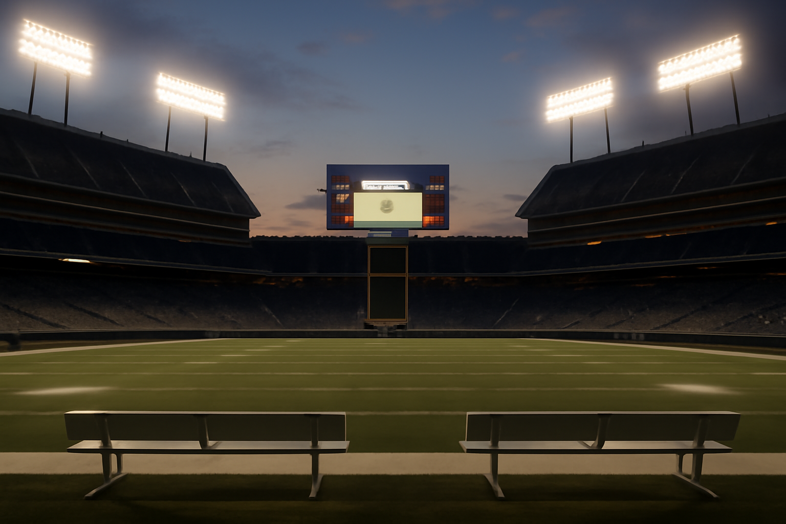 Football stadium scoreboard showing Week 5 NFL matchups under stadium lights