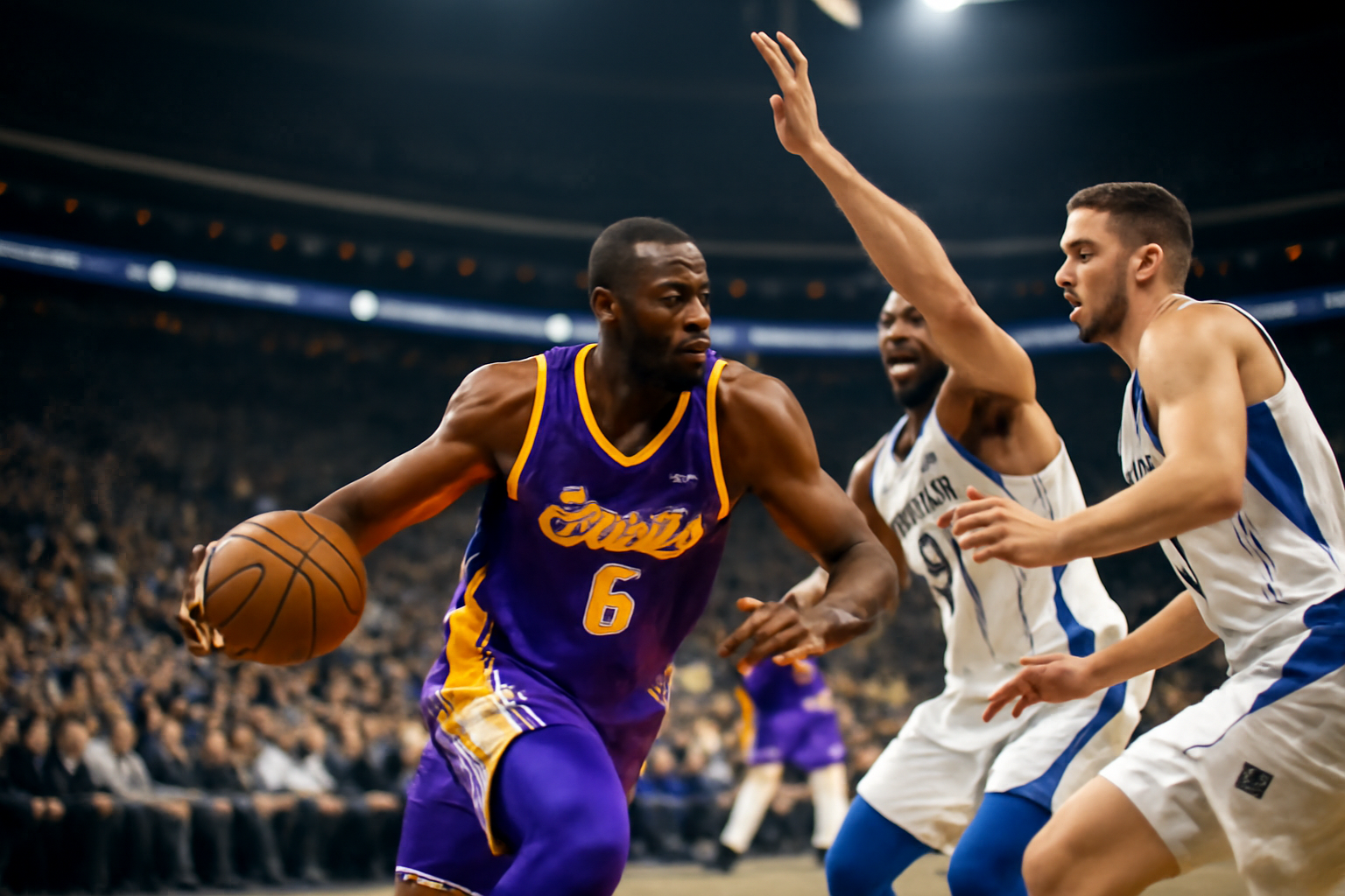Los Angeles Lakers guard driving to the basket against Golden State Warriors defenders during an NBA season opener