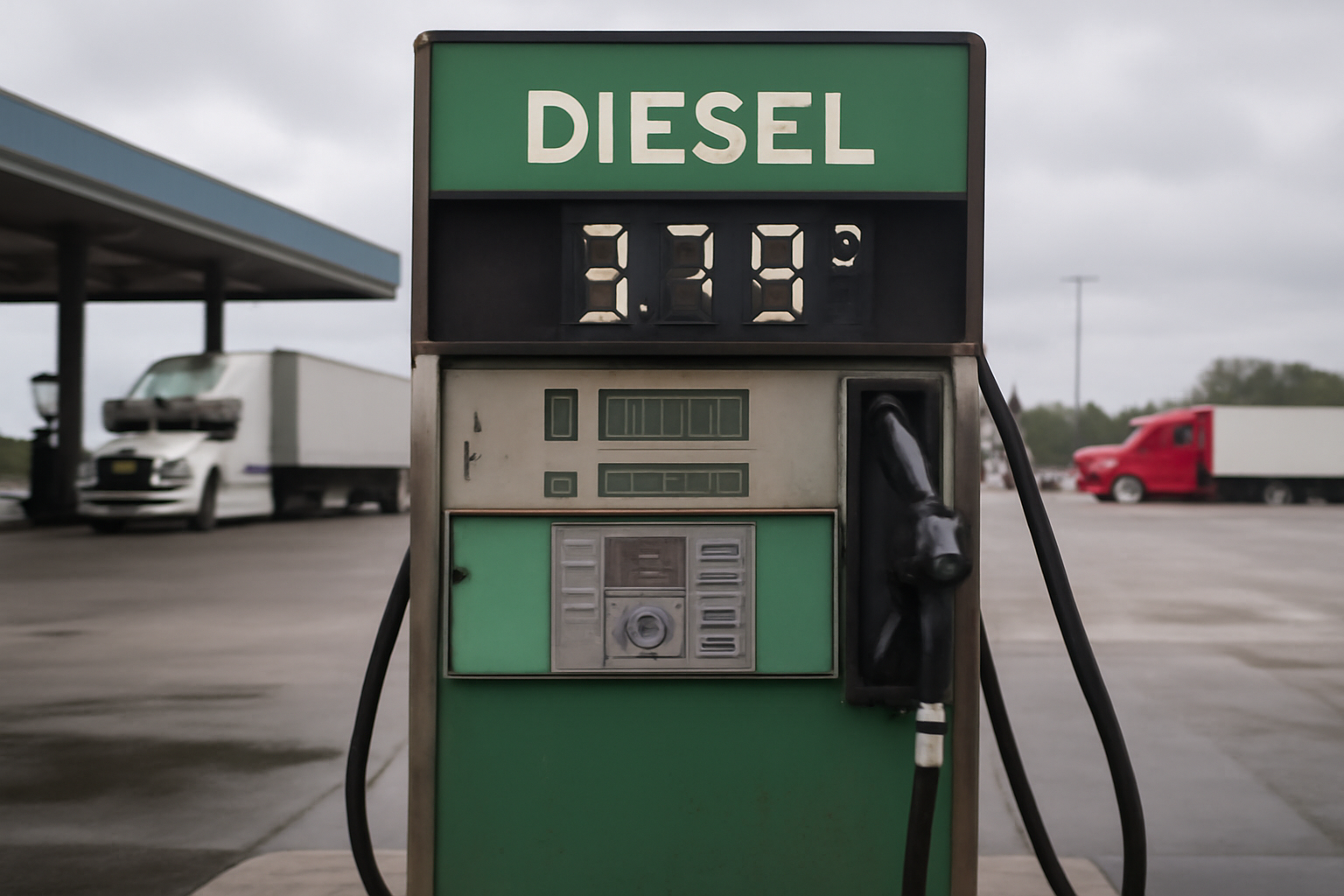 Diesel fuel pump display showing rising price per gallon at a U.S. truck stop