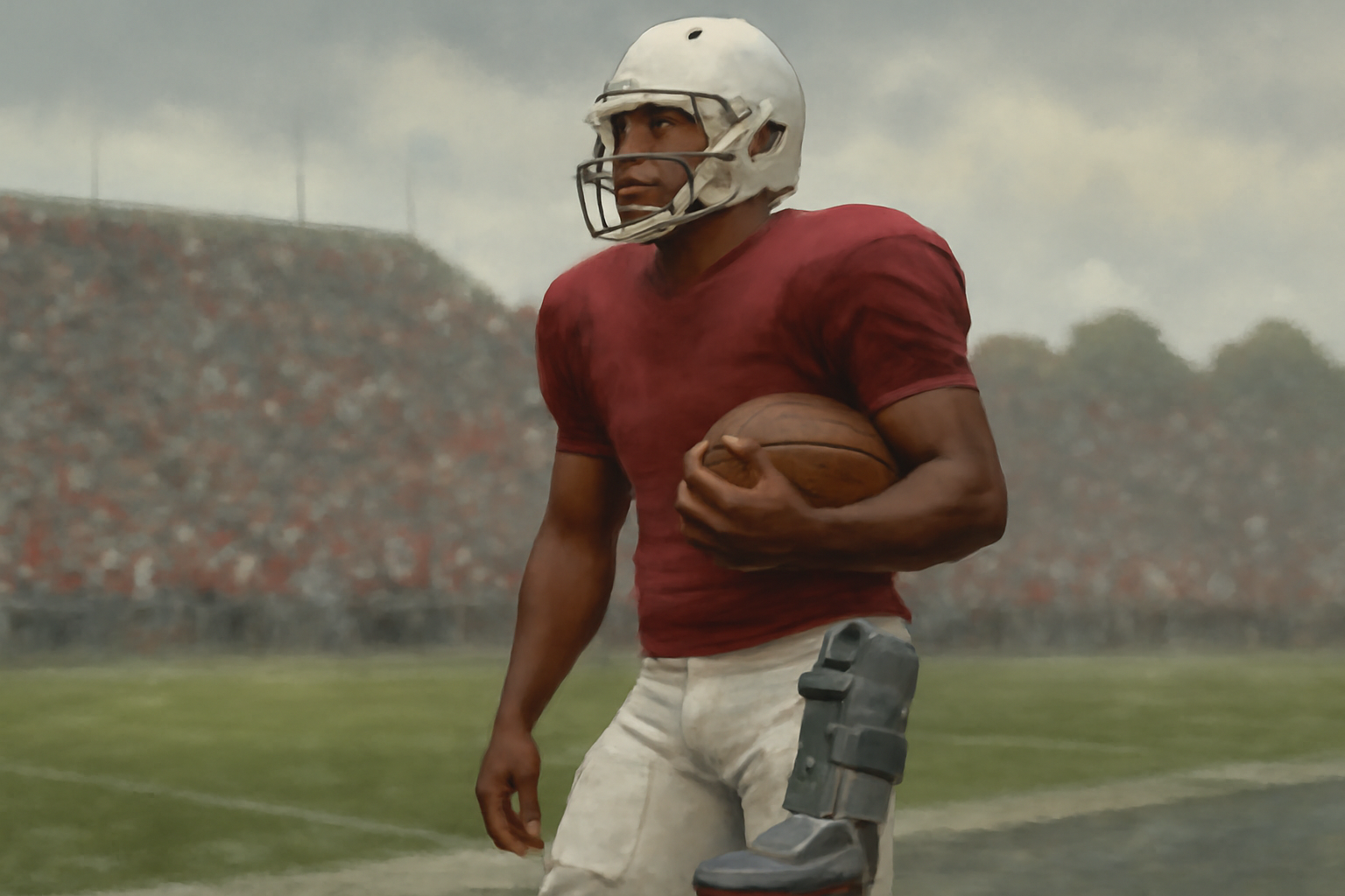 Mississippi State running back standing on sideline in a walking boot during a football game