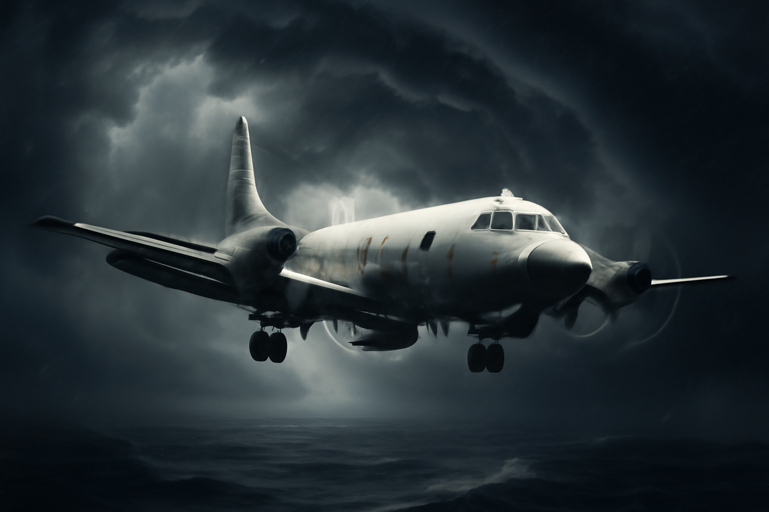 A NOAA hurricane-hunter aircraft flying through dense storm clouds over the ocean