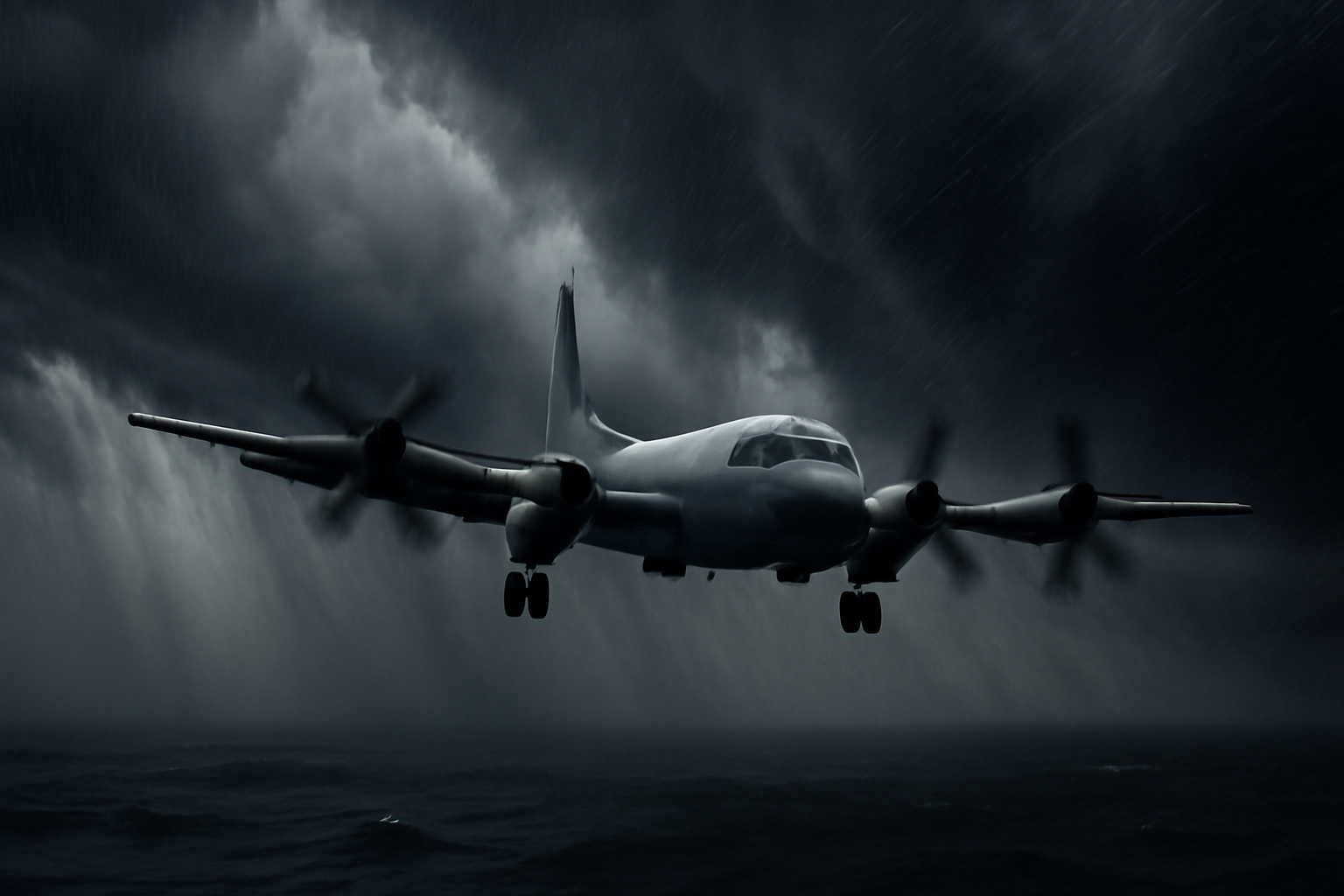 A NOAA research aircraft flying low through dark storm clouds above open ocean during a hurricane reconnaissance flight