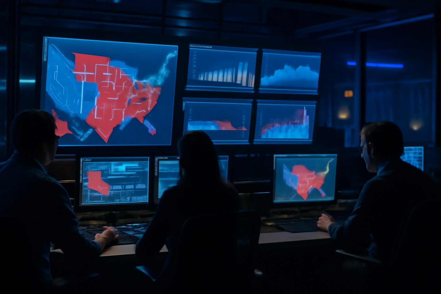 Television control room monitors displaying a red-and-blue election results map ahead of a midterm night broadcast