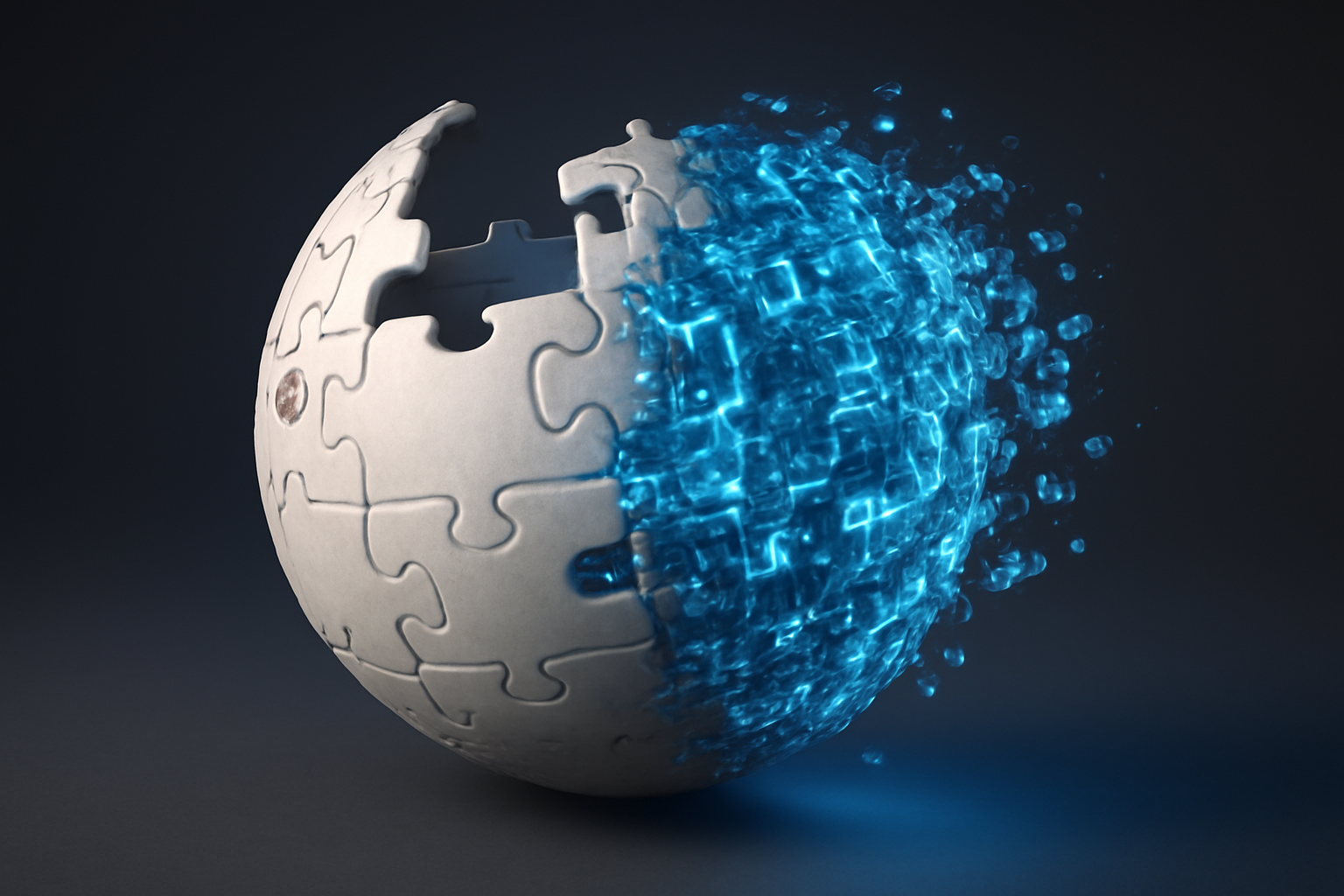Wikipedia logo globe icon beside a glowing AI chip on a dark blue background
