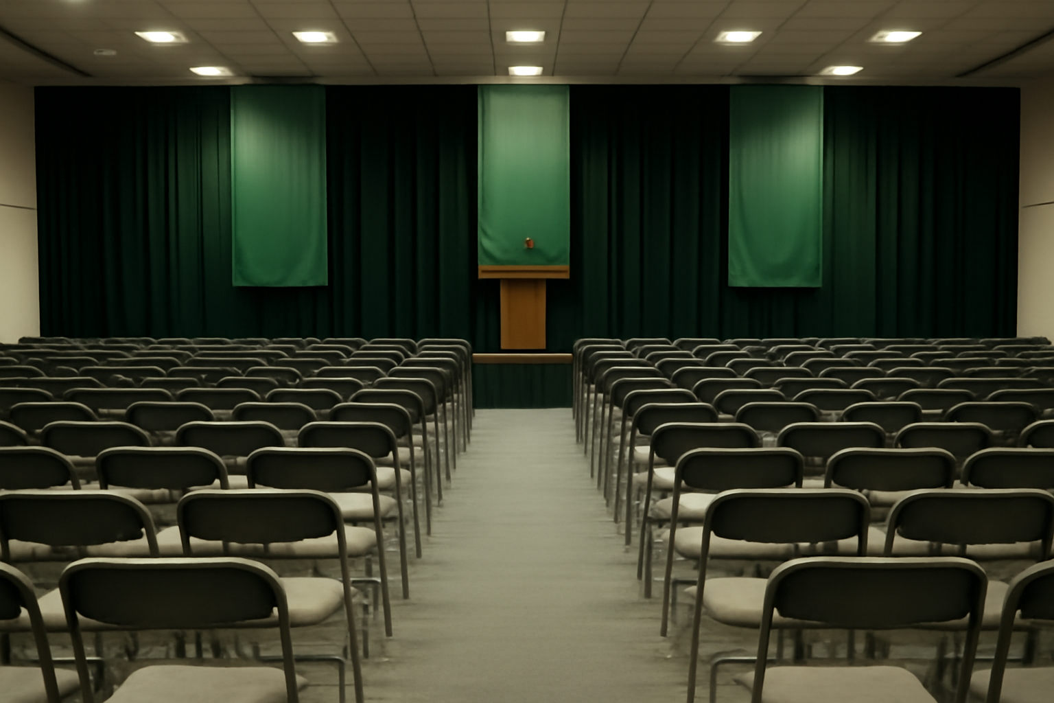 Empty party conference hall with rows of chairs and green banners before a vote