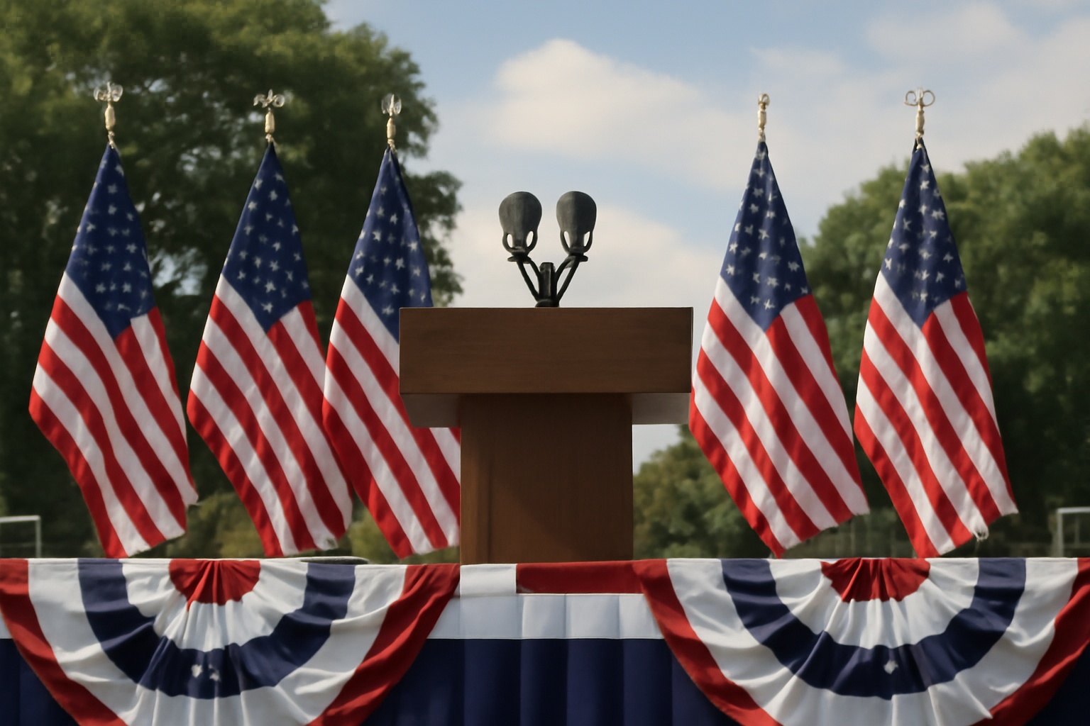 A presidential campaign podium with American flags set up for a rally