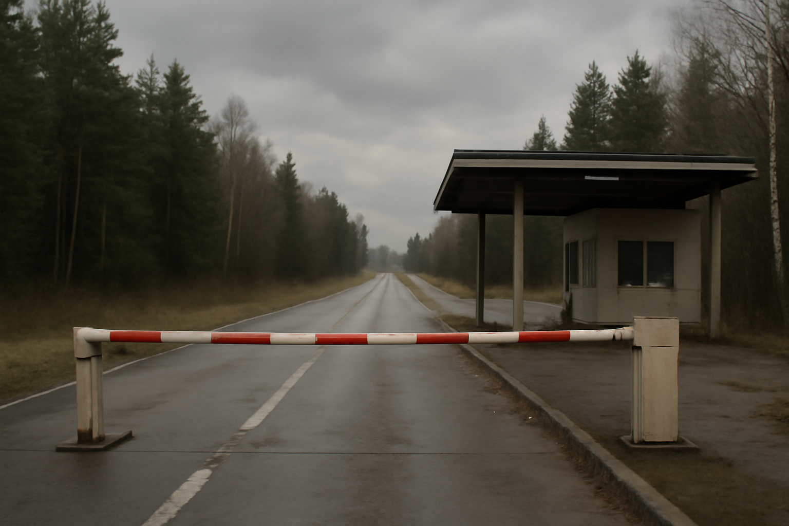 A quiet rural checkpoint along a forested border road under overcast sky