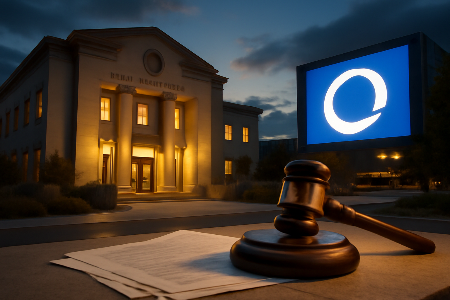 Exterior of a New Mexico courthouse with the Meta logo displayed on a nearby screen