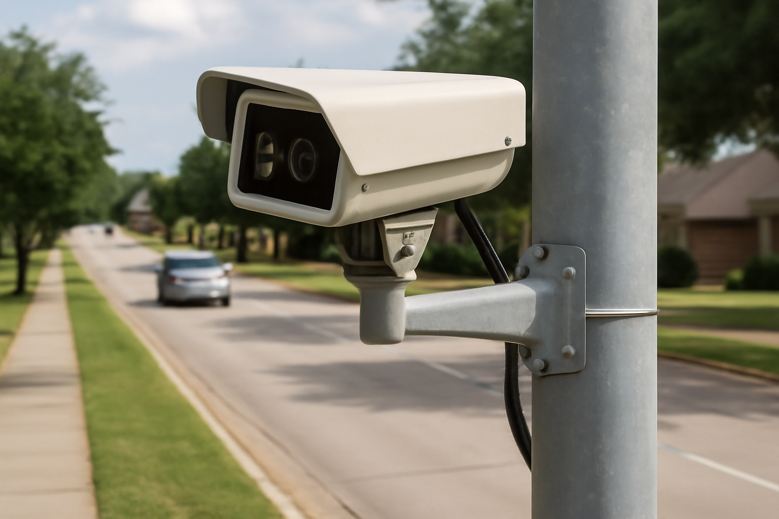 A license-plate reader camera mounted on a pole above a Texas suburban roadway