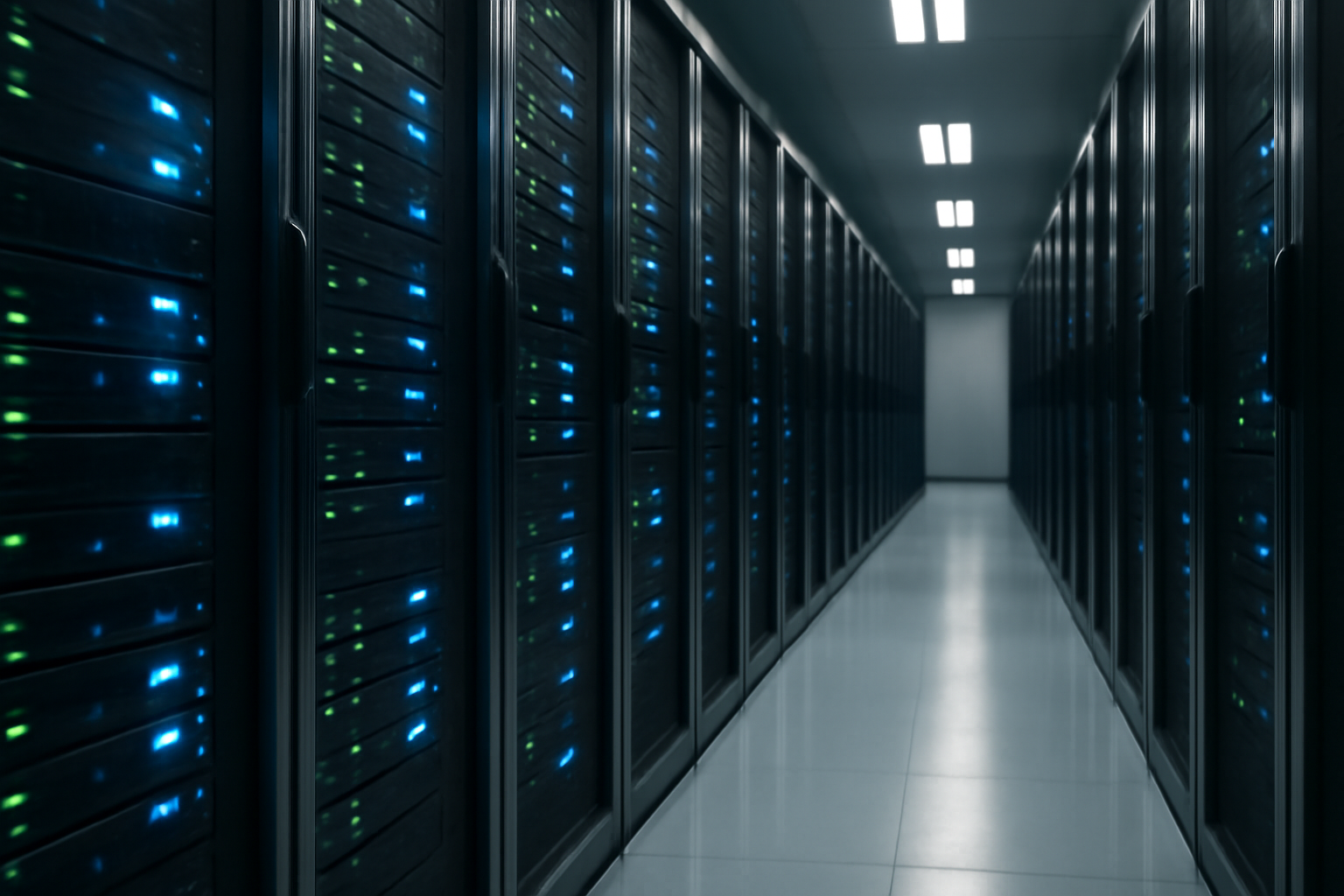A server rack glowing with blue indicator lights in a data center aisle