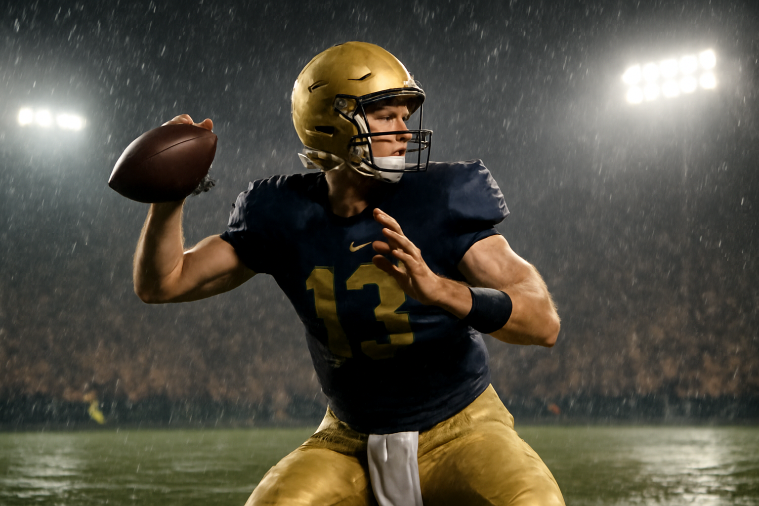 Notre Dame quarterback throwing a pass in rain during a college football game