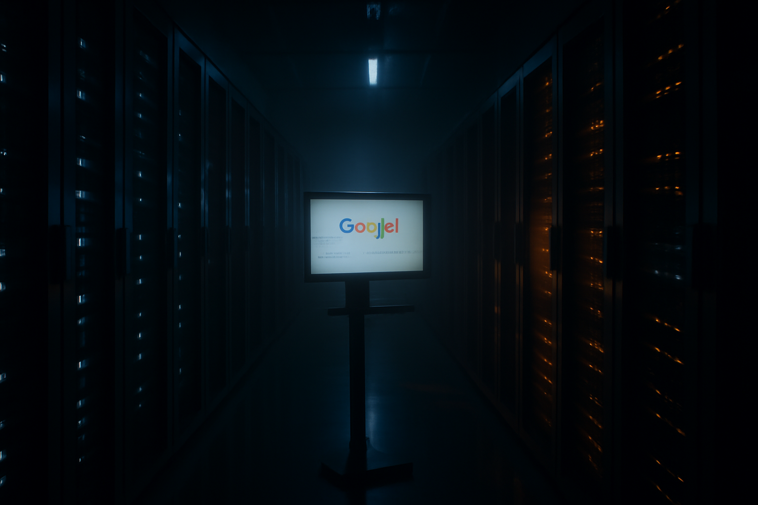Server racks in a dark data center with a Yandex logo visible on equipment