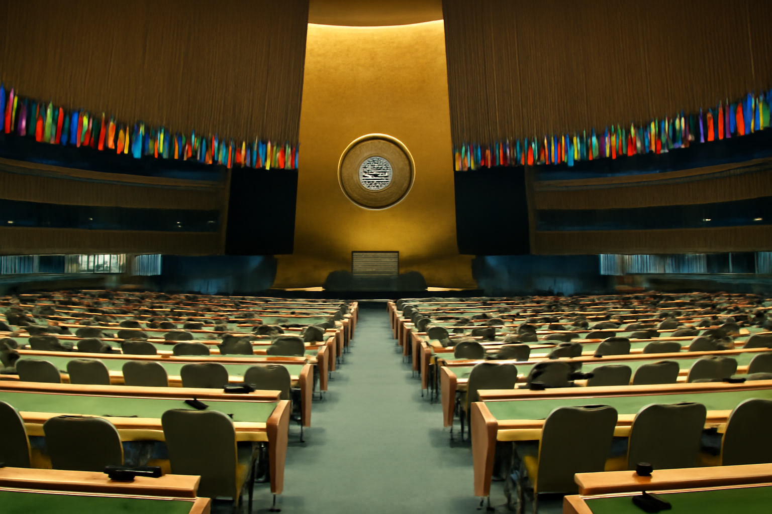 Empty United Nations General Assembly hall with delegate seats and world flags visible