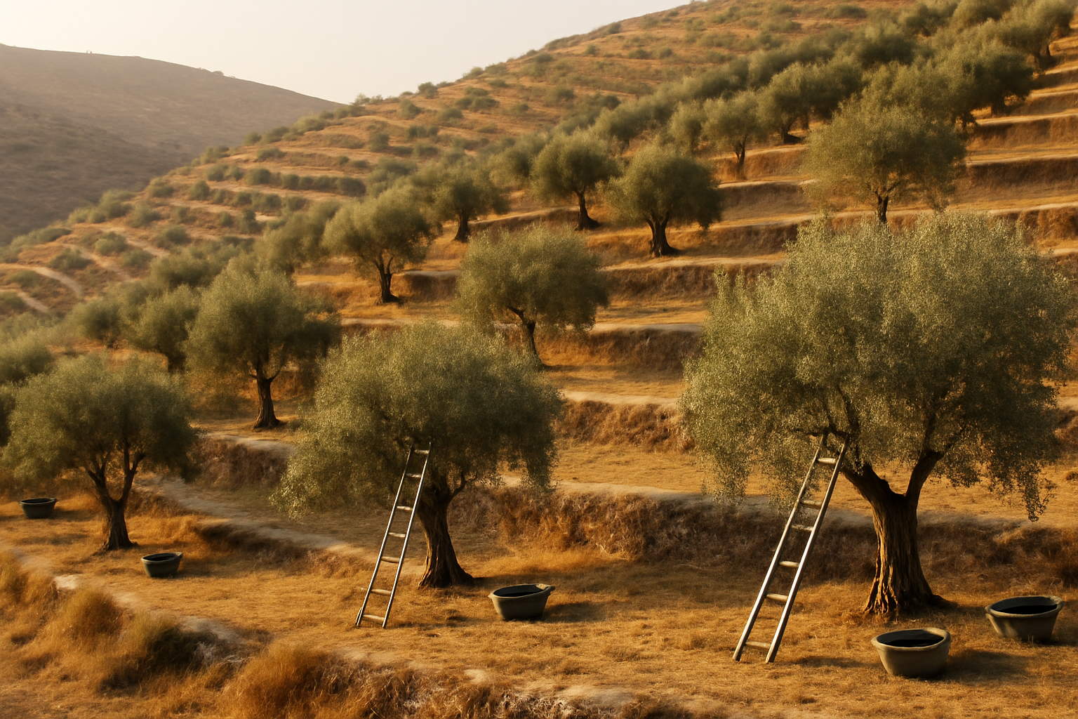Olive groves in the West Bank during harvest season with hillside terraces visible