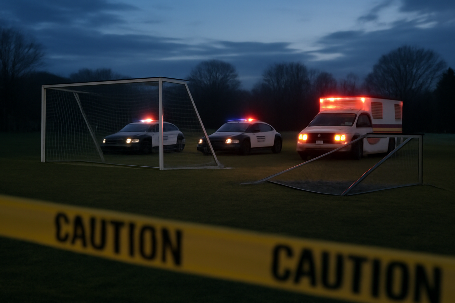 Emergency vehicles parked beside a youth soccer field with a damaged chain-link fence