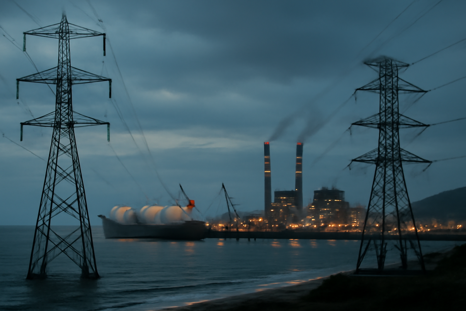 LNG import terminal and power plant infrastructure along Vietnam's coastline with transmission towers in the foreground