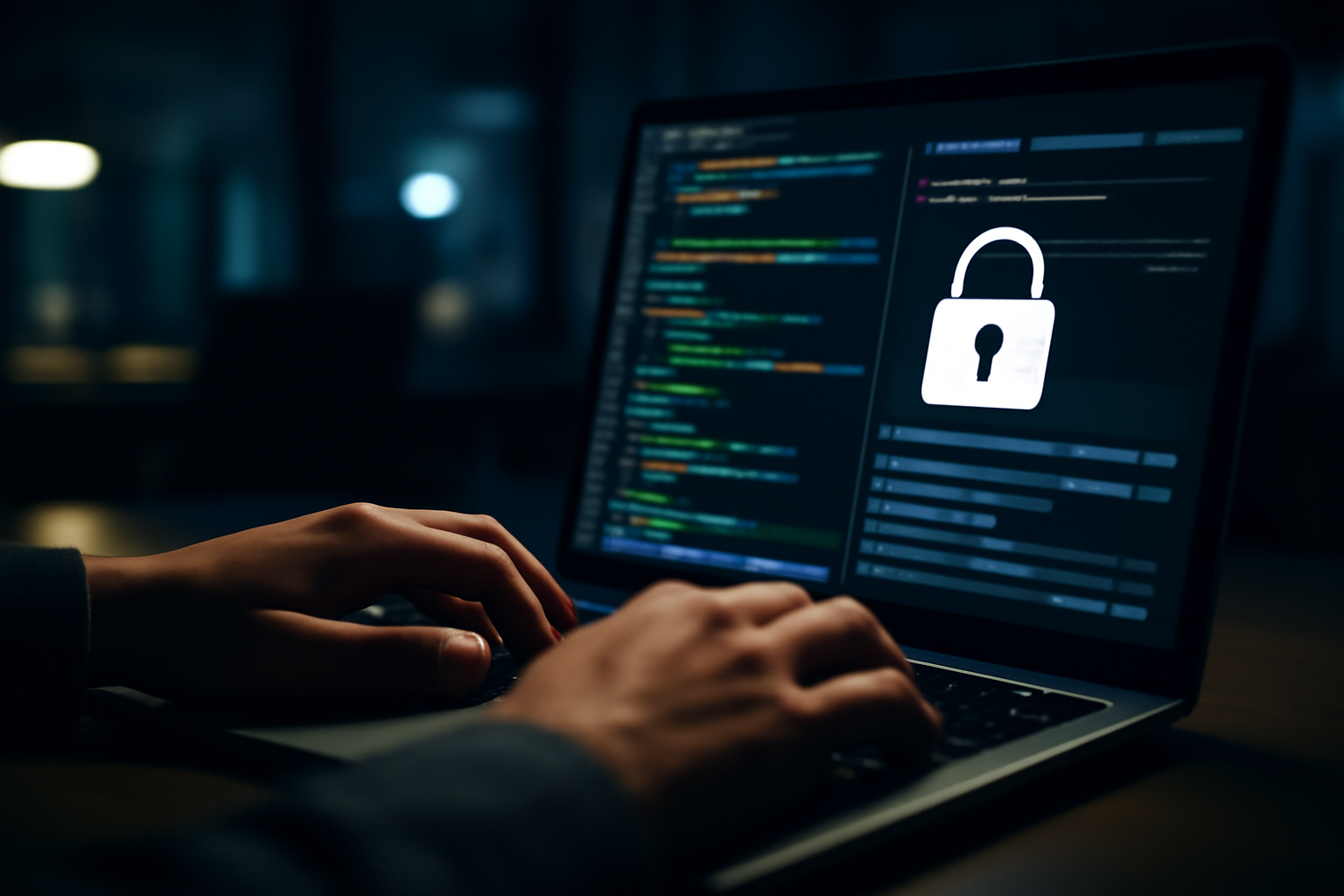 A security researcher's laptop screen showing code and a locked GitHub repository icon in a dim office