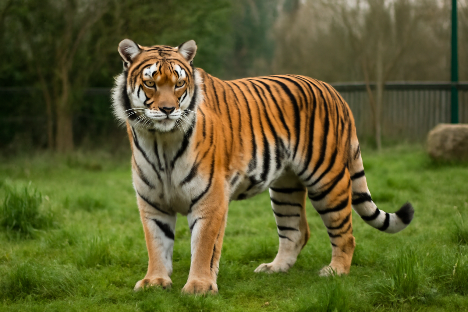 Amur tiger standing alert in a grassy wildlife park enclosure