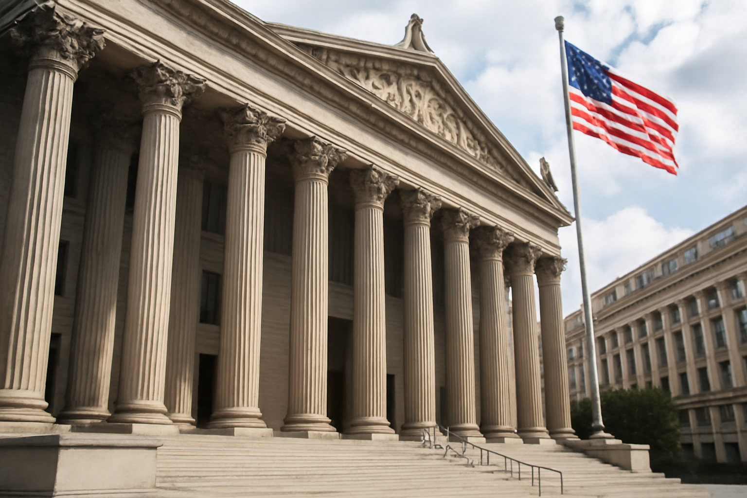 Exterior view of a federal courthouse building under a clear sky