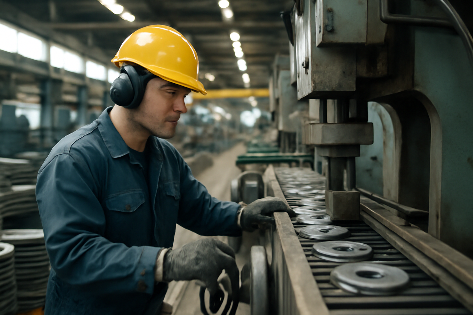 A worker monitors an assembly line inside a US manufacturing plant.