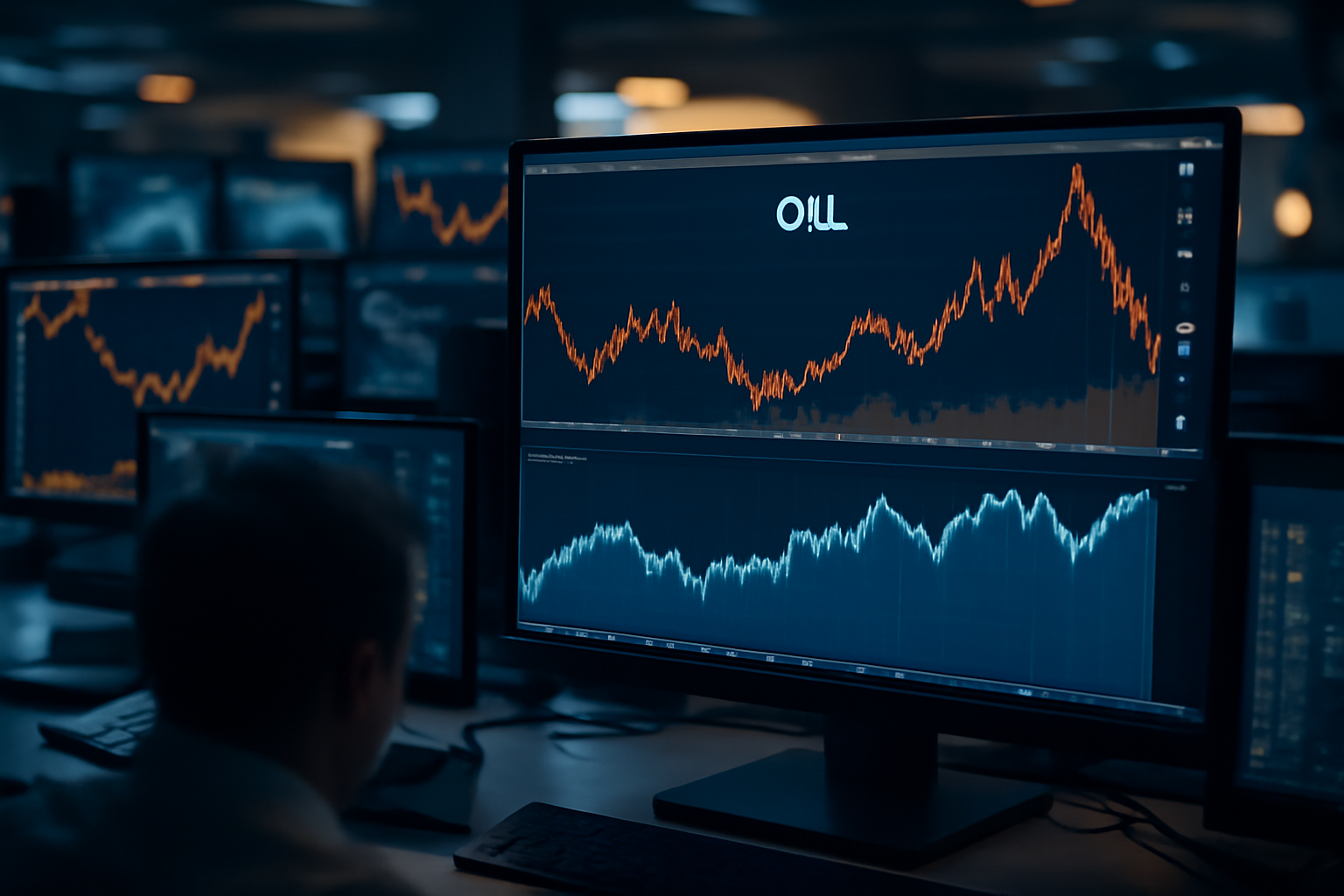 Trading floor screens showing crude oil price charts next to a declining technology stock index line