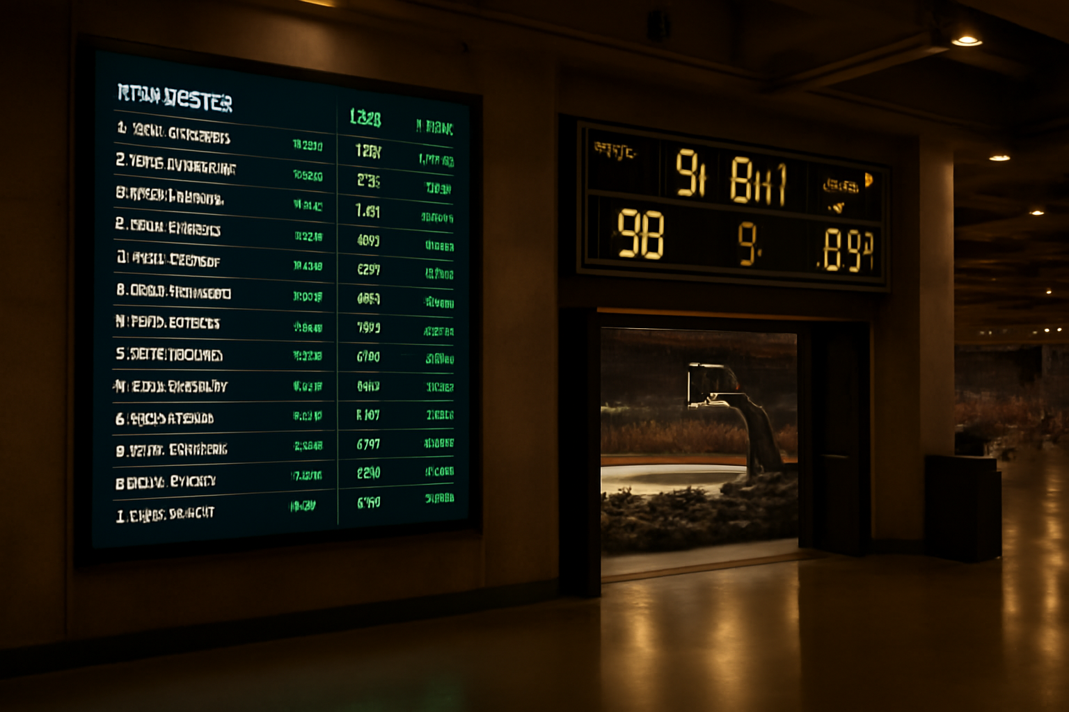 Basketball scoreboard and sports betting odds board displayed side by side in an arena concourse