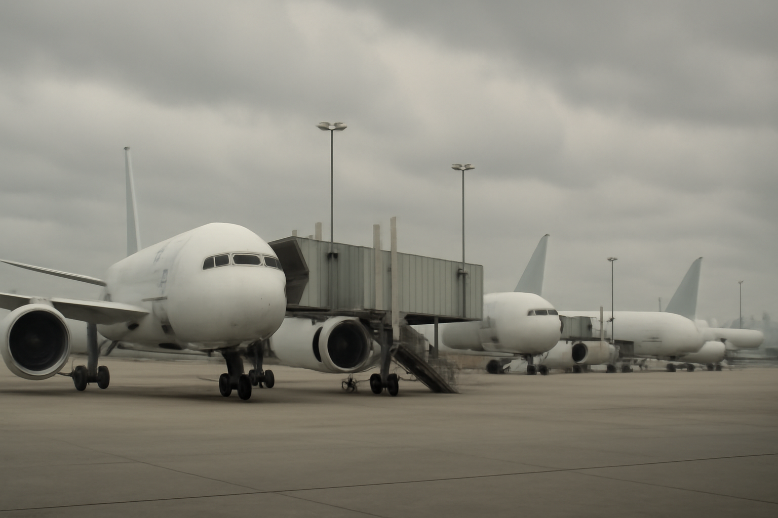 Passenger jets parked at gates under a gray sky at a Northeast U.S. airport during a ground stop