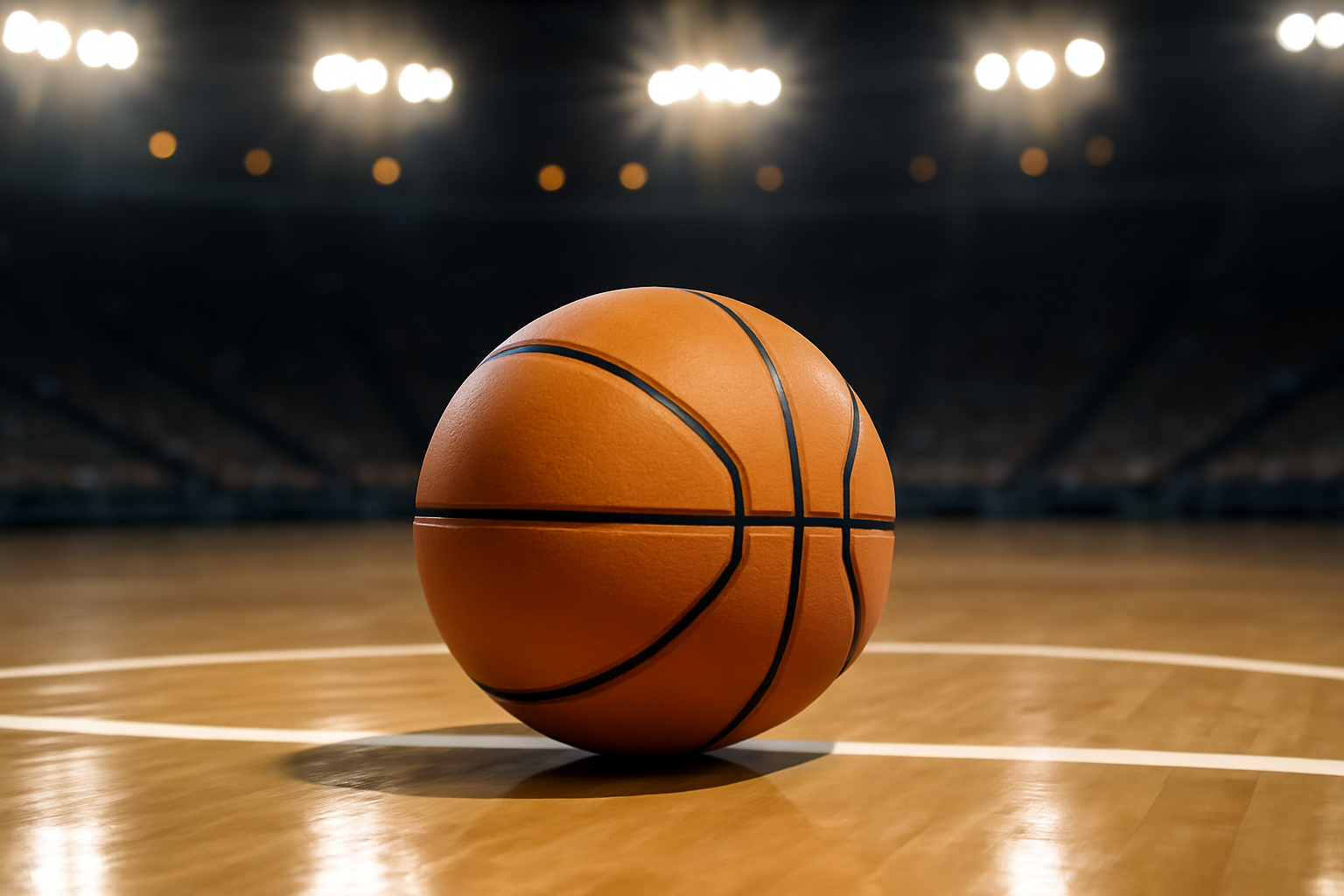 Basketball resting at center court under bright arena lights before tipoff