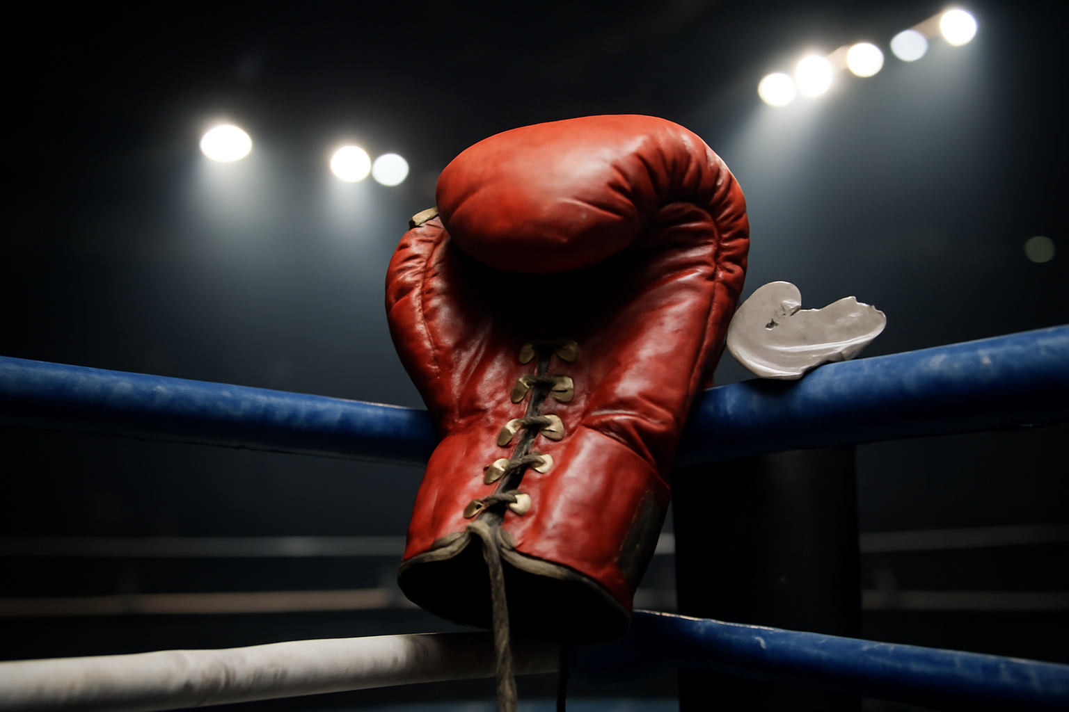 Boxing gloves and a jaw guard resting on a ring corner post under arena lights