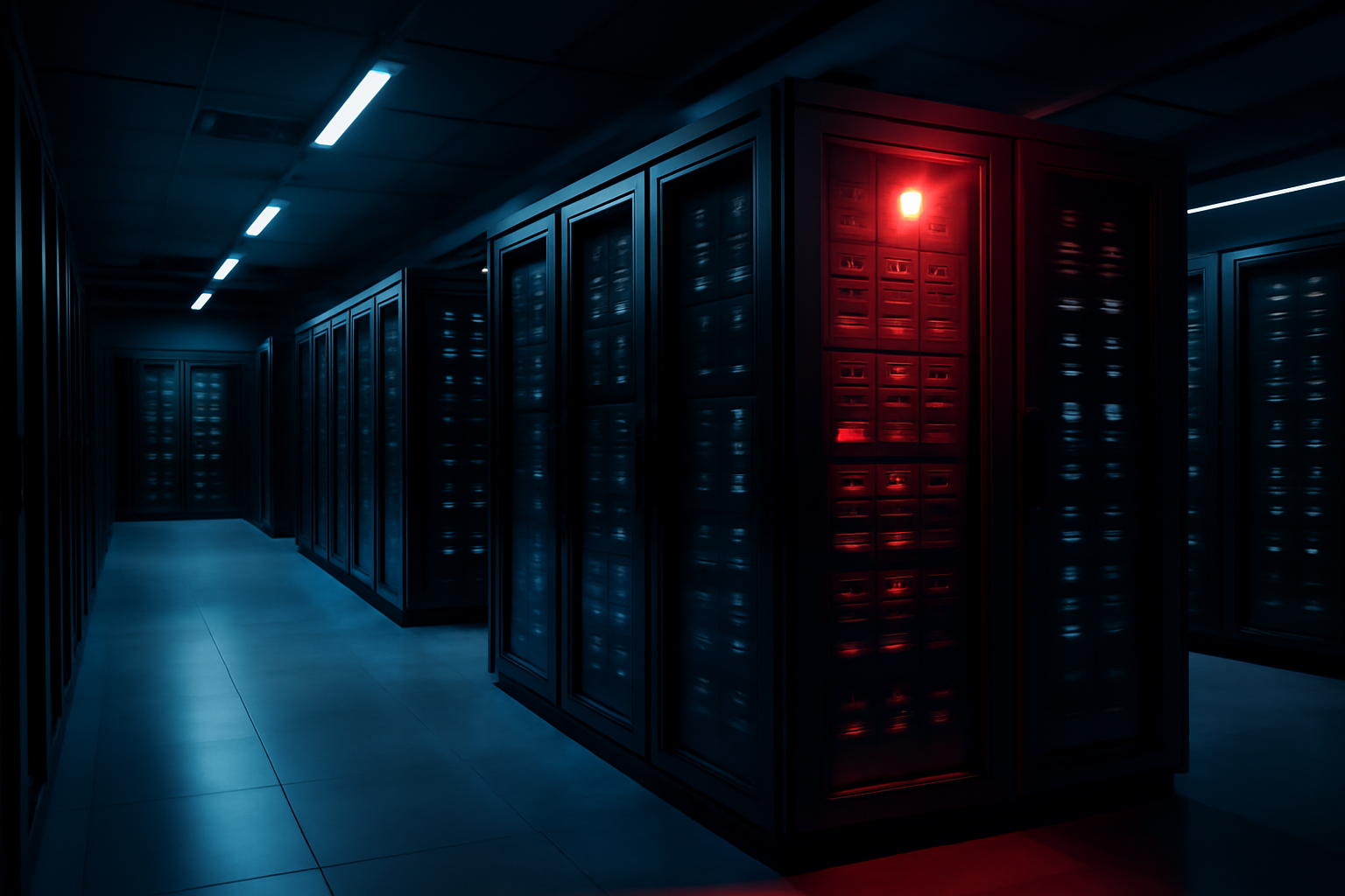 Server racks in a dim data center with a red warning light glowing above one cabinet