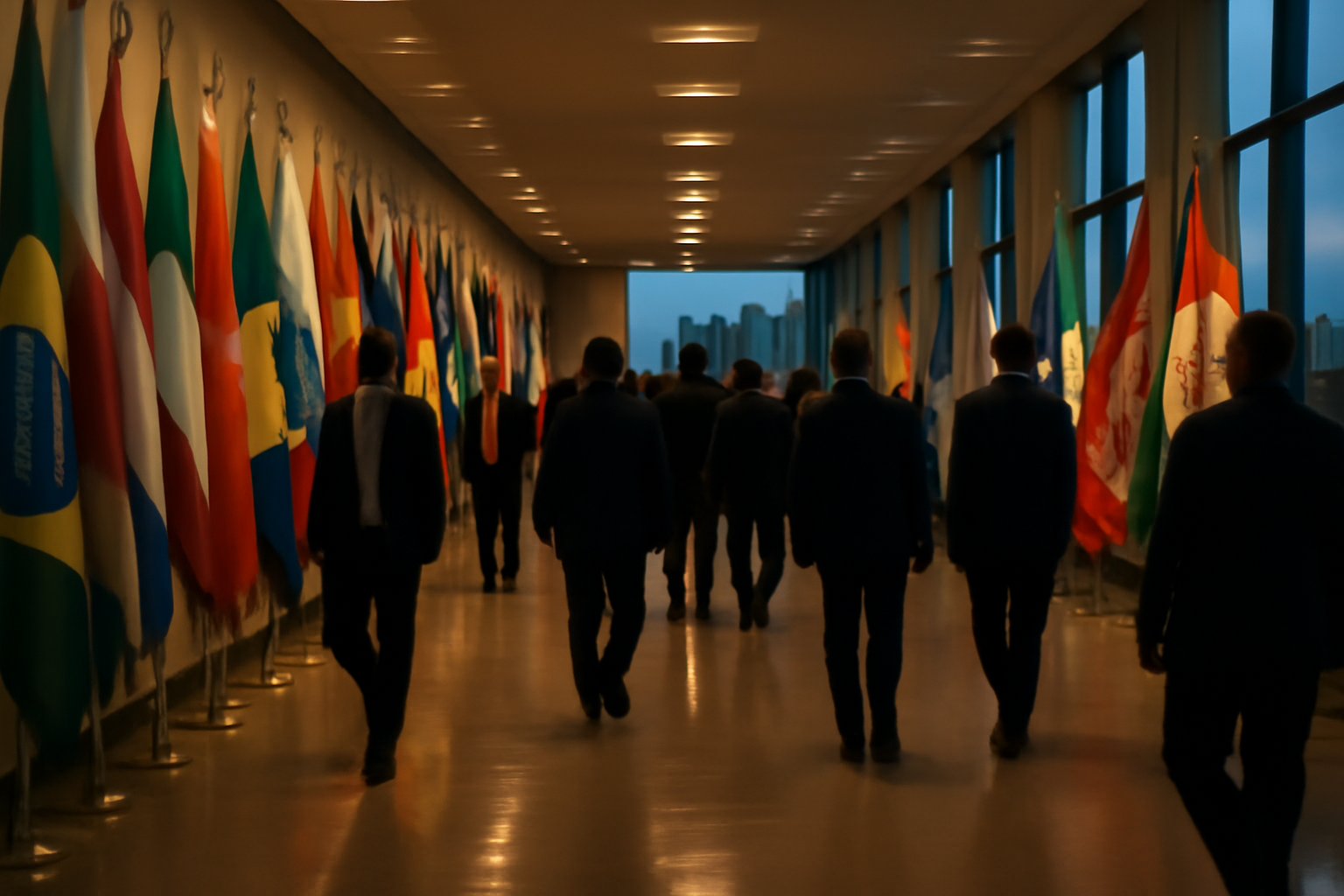 Diplomats gather in a UN General Assembly hall corridor during a high-level session