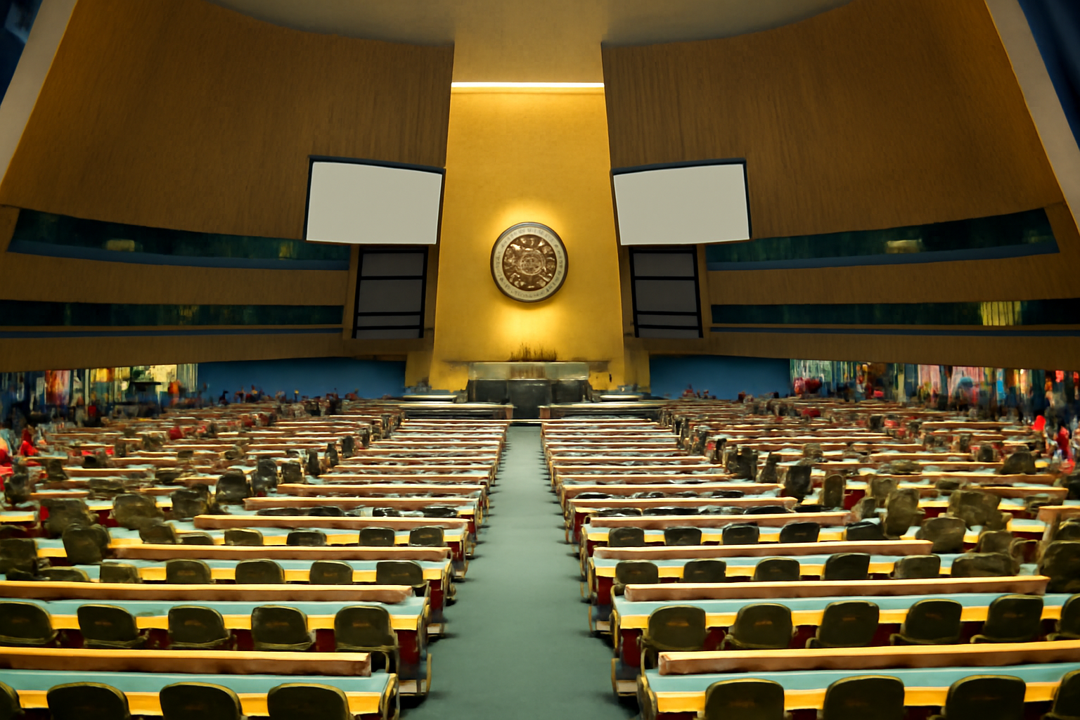 United Nations General Assembly hall with delegate seats and flags during a September session