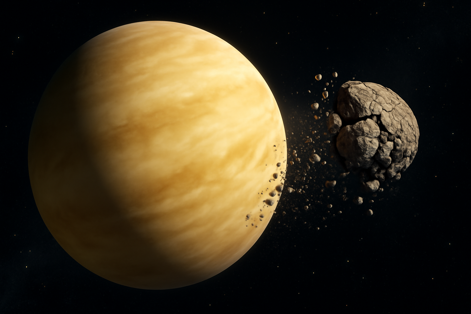 Venus glowing against dark space with a fragmenting rocky moon spiraling toward its surface