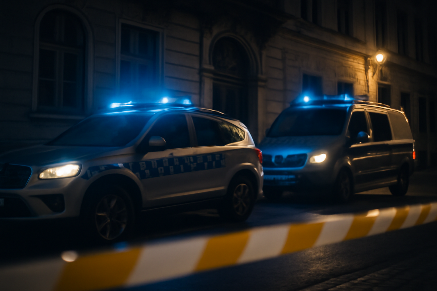 Police tape and emergency lights outside a building in a Polish city at night