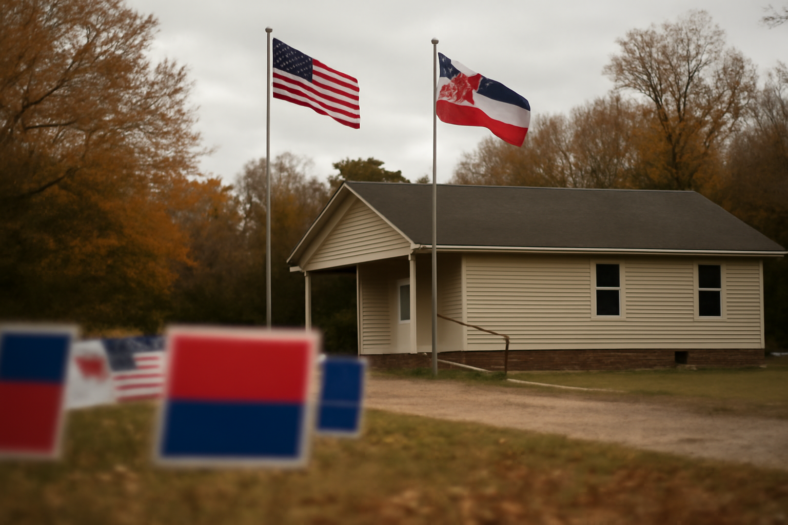 Campaign yard signs and a Mississippi state flag outside a polling location