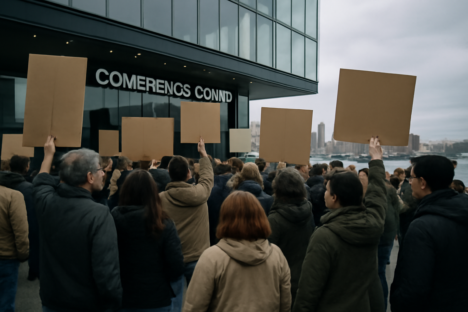 Demonstrators holding signs outside a conference venue entrance in San Francisco