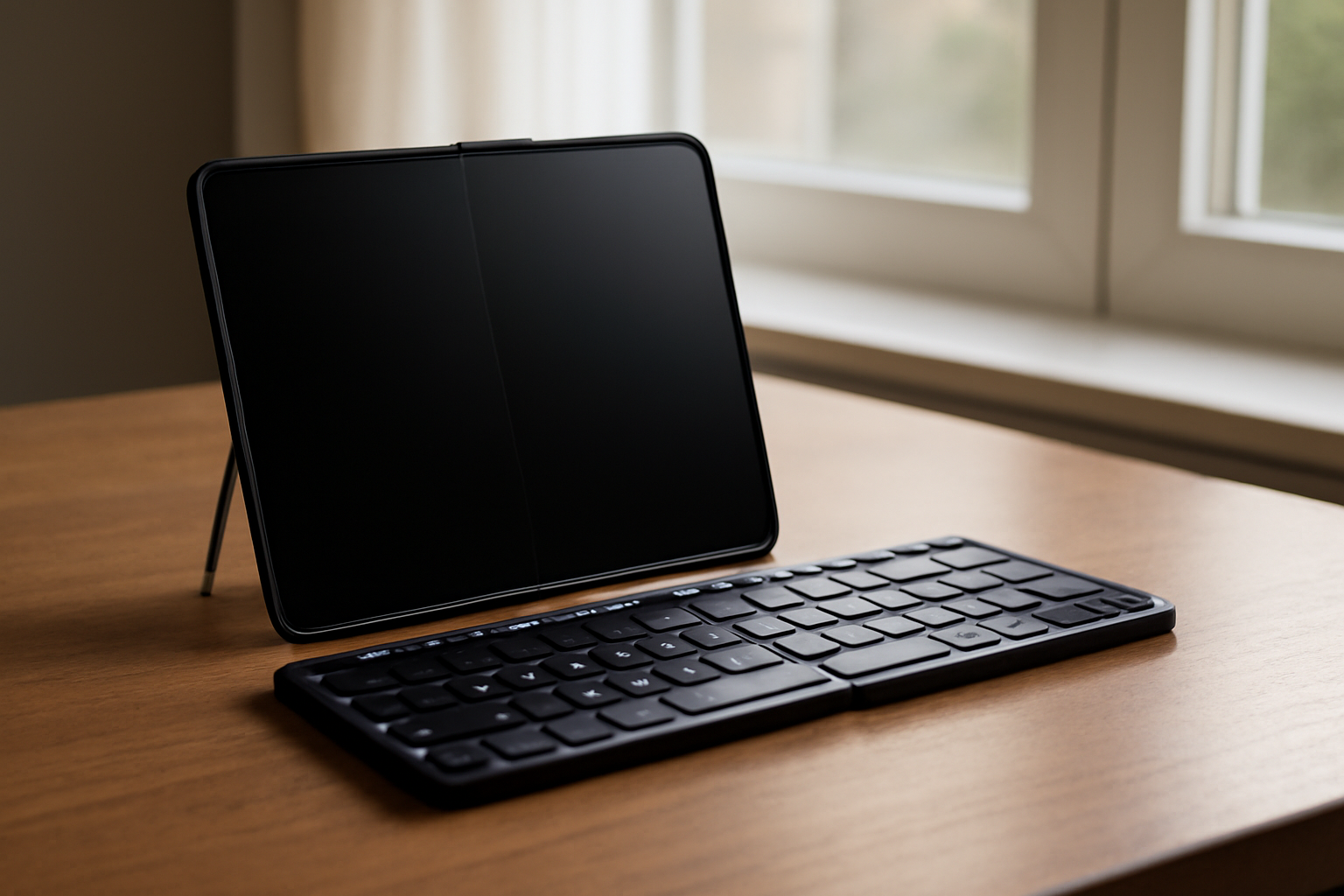 A folded smartphone propped on a small kickstand next to a compact Bluetooth keyboard on a desk