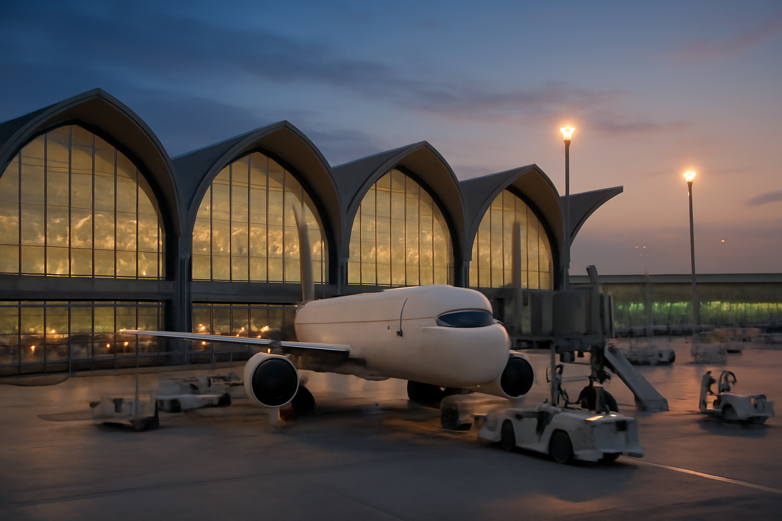 Commercial airliner parked at a Gulf airport terminal gate under a dusk sky with ground crew nearby