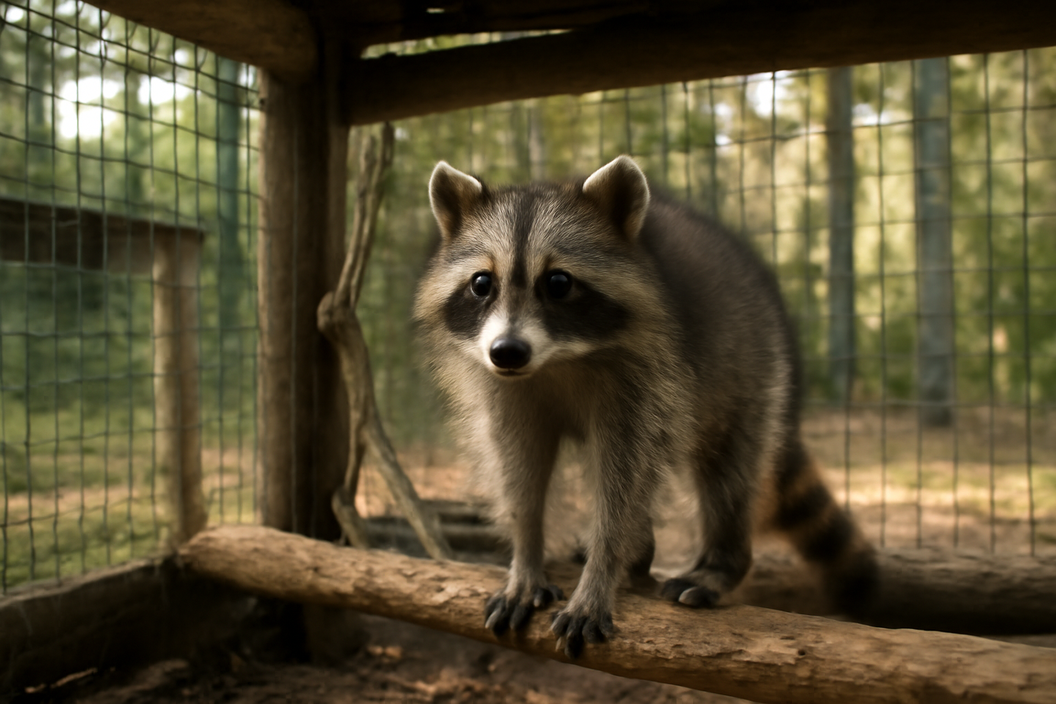 A young raccoon peers out from a wooden enclosure at an outdoor wildlife rehabilitation facility