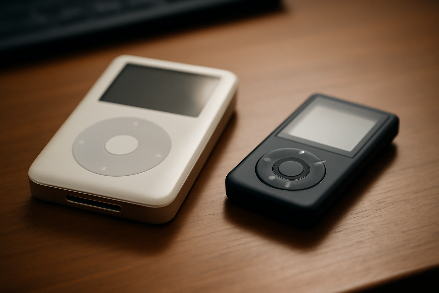 A classic click-wheel iPod resting beside a modern compact MP3 player on a desk