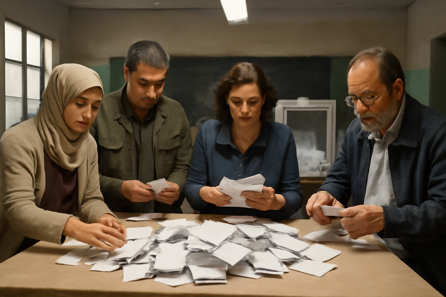 Election workers count paper ballots at a polling station table in Morocco