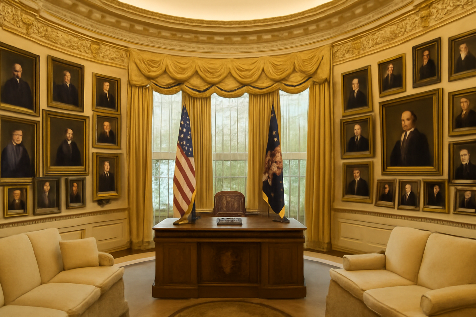 Ornate gold-trimmed replica Oval Office with portrait-covered walls and a Resolute Desk replica