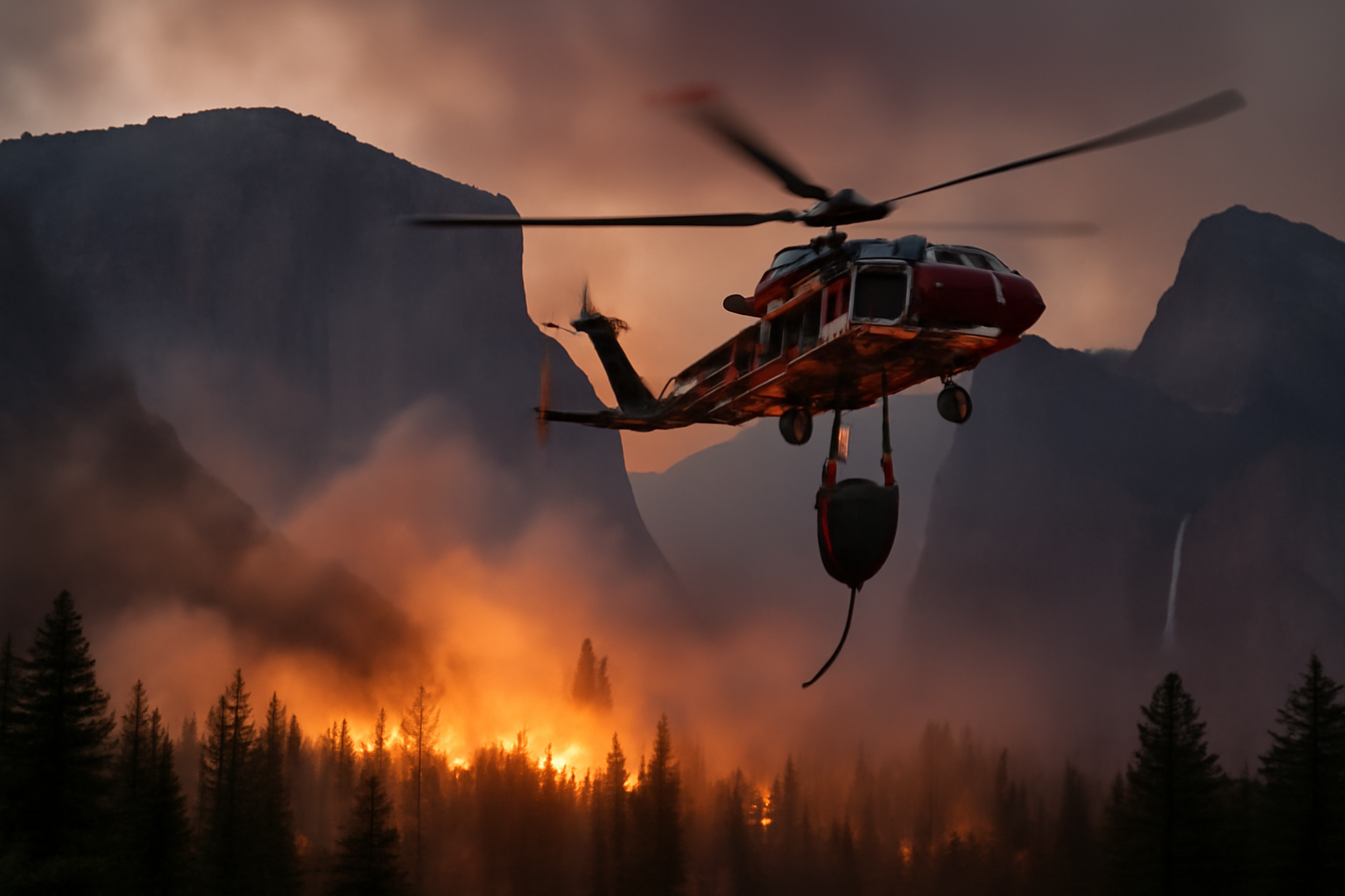 Firefighting helicopter dropping water over smoke-filled forest terrain near Yosemite National Park